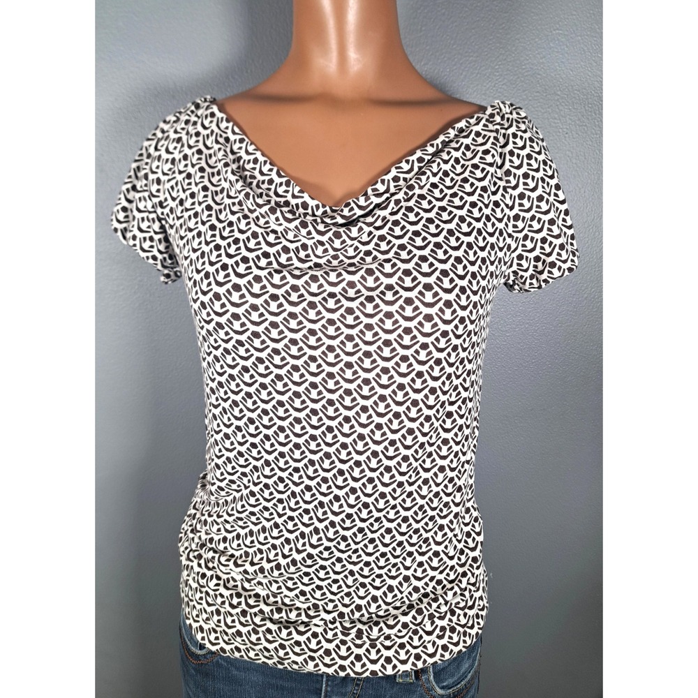 Banana Republic Y2K Brown White Geometric Cowl Neck Puff Sleeve Shirt XS